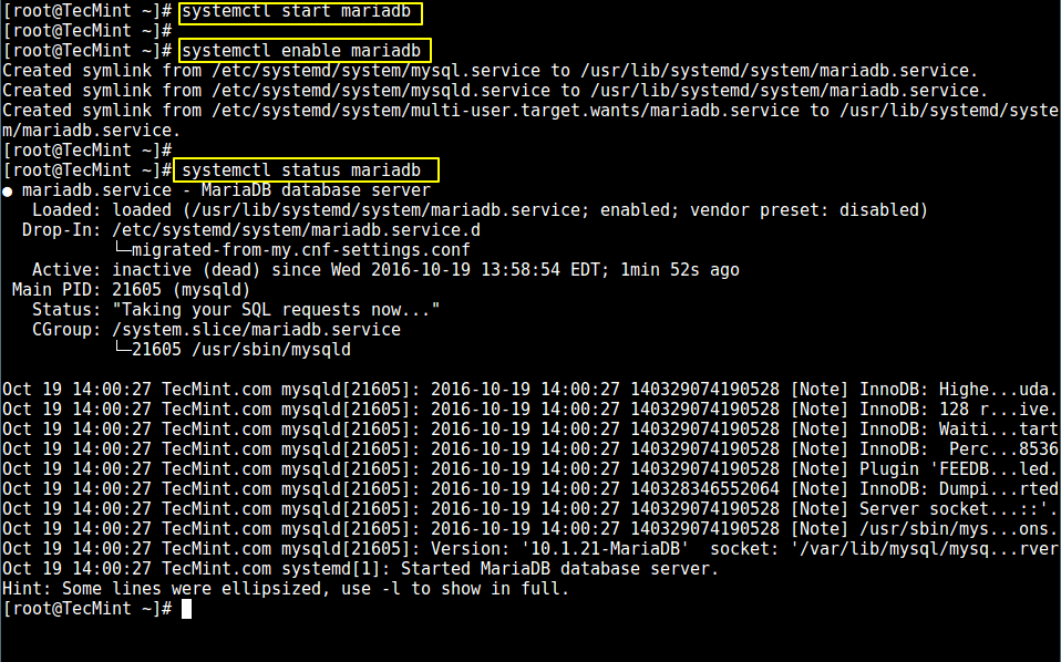 在 CentOS 7 中启动 MariaDB 服务