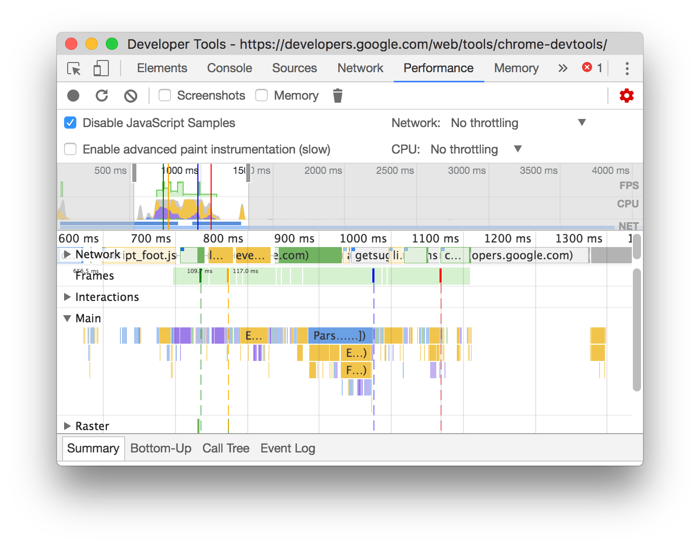 An example of a recording when JS samples are disabled